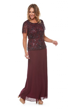 Layla Jones collection, Style Code LJ0137, Beaded sequin short sleeve dress with chiffon skirt.