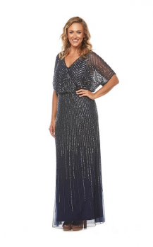 Layla Jones collection, Style Code LJ0253, Long beaded dress with a blouson wrap bodice.