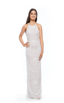 Zaliea collection, Style Code Z0028, Long cut away shoulders, pearl beaded dress :On Sale in store only
