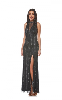 Zaliea collection, Style Code Z0070, Long beaded dress with mesh insert and front split