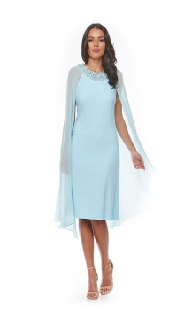 Zaliea collection, Style Code Z0078, Short stretch jersey dress with attached chiffon cape and beaded trim.