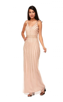 Zaliea collection, Style Code Z0118, Long chiffon beaded dress with thin spaghetti straps and sheer V neck insert. On sale