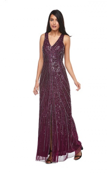Zaliea collection, Style Code Z0123, Long beaded chiffon V neck with front split.